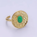 14K Gold plated Green Prehnite Oval Abstract Hammered Round Ring | O1345 - DLUXCA