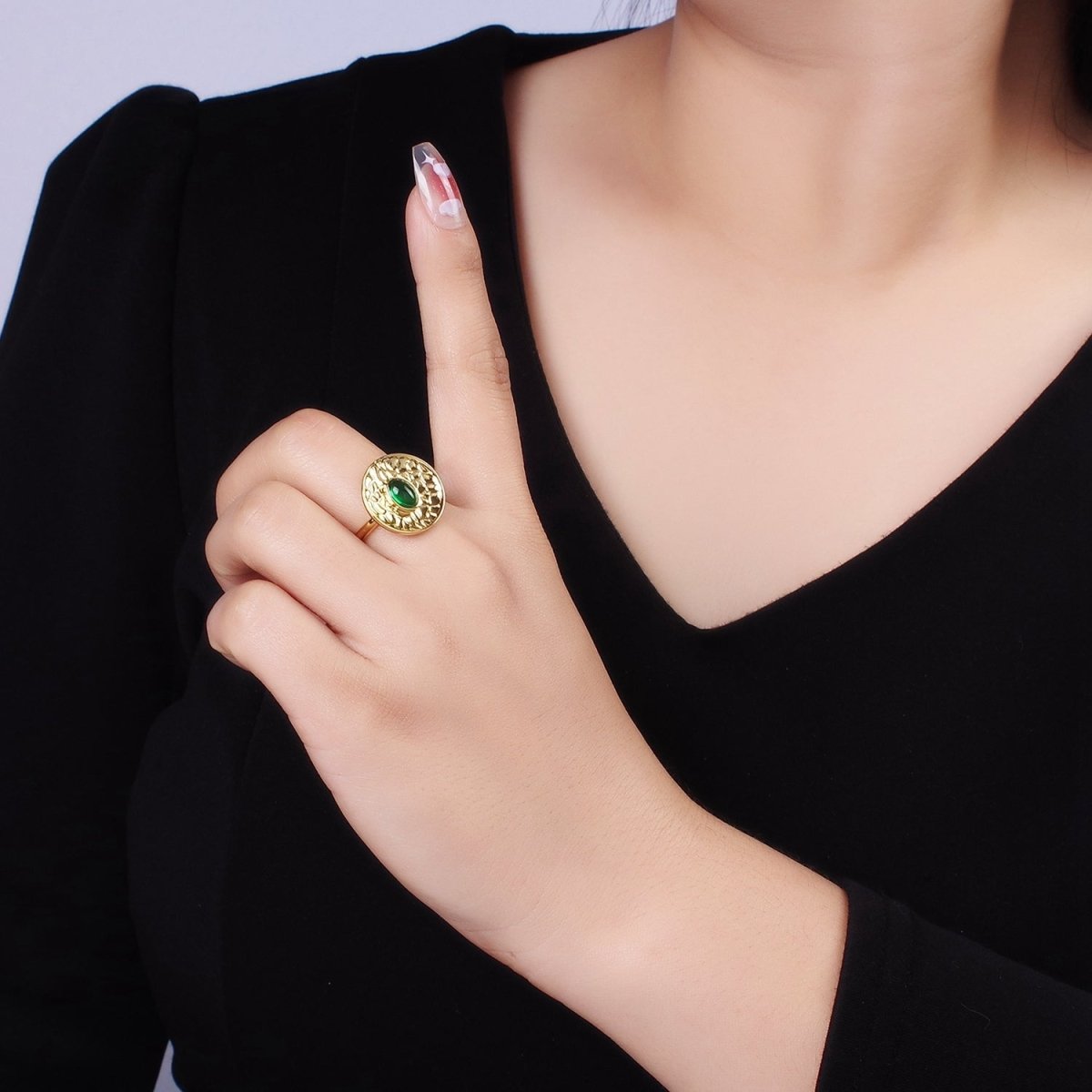 14K Gold plated Green Prehnite Oval Abstract Hammered Round Ring | O1345 - DLUXCA