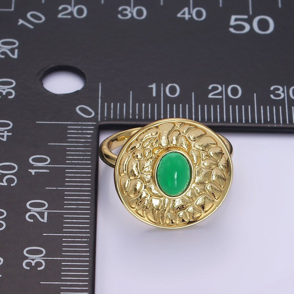 14K Gold plated Green Prehnite Oval Abstract Hammered Round Ring | O1345 - DLUXCA