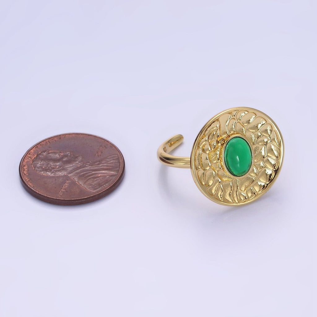 14K Gold plated Green Prehnite Oval Abstract Hammered Round Ring | O1345 - DLUXCA