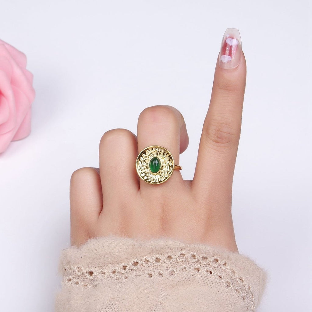 14K Gold plated Green Prehnite Oval Abstract Hammered Round Ring | O1345 - DLUXCA