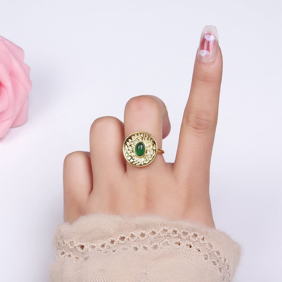 14K Gold plated Green Prehnite Oval Abstract Hammered Round Ring | O1345 - DLUXCA