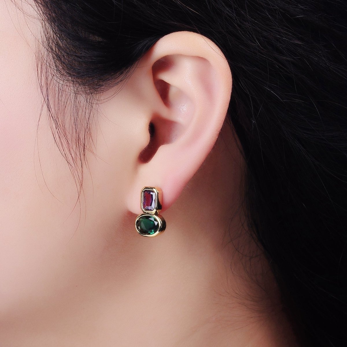 14K Gold plated Green, Red CZ Oval Geometric Purple Baguette Stud Earrings | Y-914 Y-915 - DLUXCA