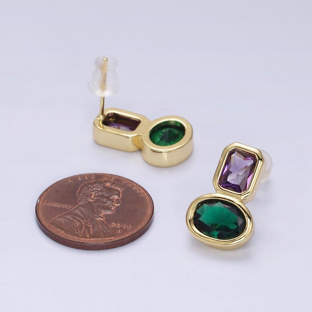 14K Gold plated Green, Red CZ Oval Geometric Purple Baguette Stud Earrings | Y-914 Y-915 - DLUXCA