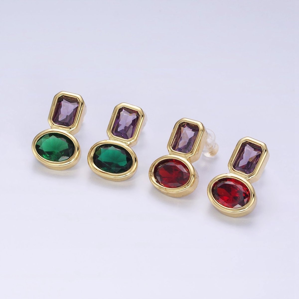 14K Gold plated Green, Red CZ Oval Geometric Purple Baguette Stud Earrings | Y-914 Y-915 - DLUXCA