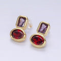 14K Gold plated Green, Red CZ Oval Geometric Purple Baguette Stud Earrings | Y-914 Y-915 - DLUXCA