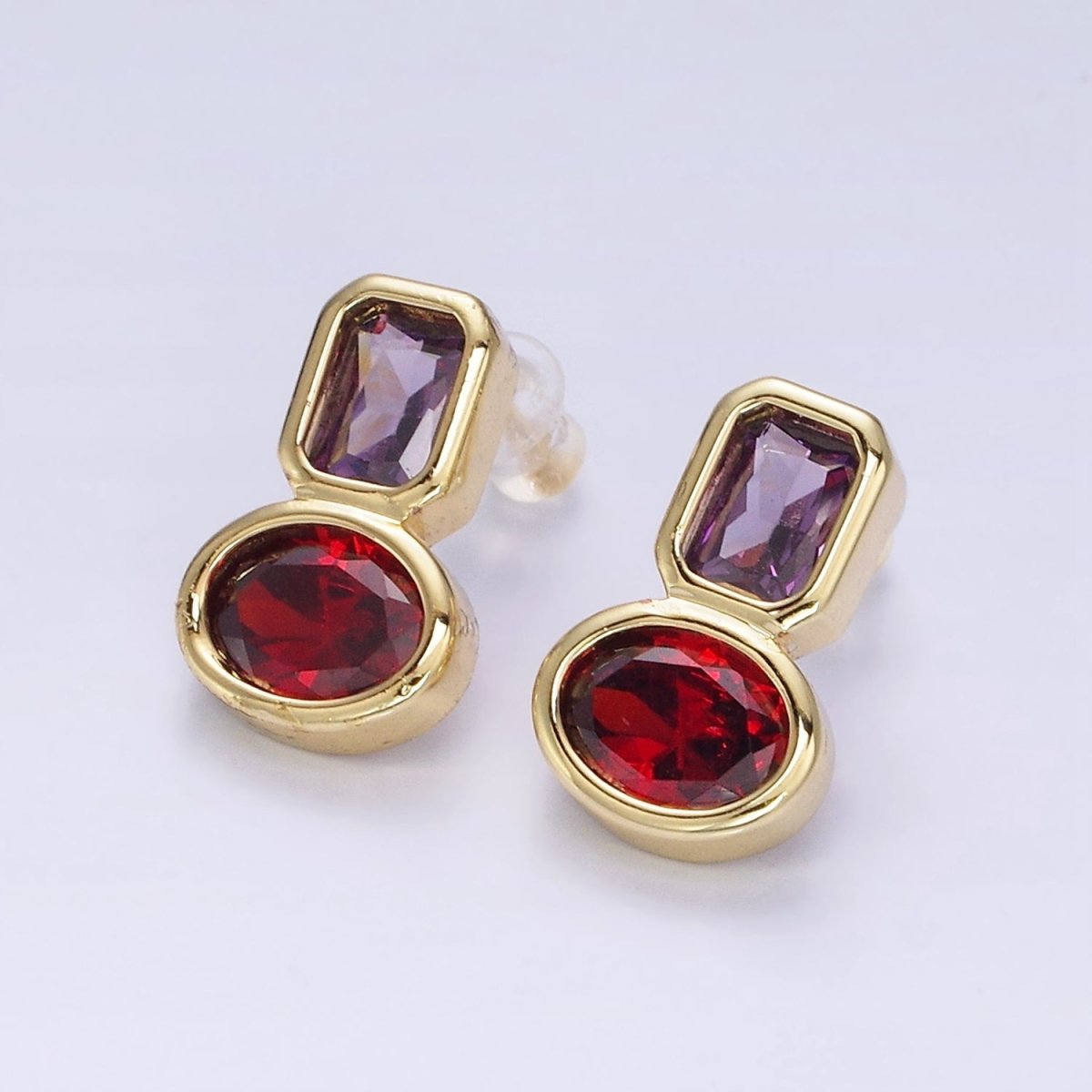14K Gold plated Green, Red CZ Oval Geometric Purple Baguette Stud Earrings | Y-914 Y-915 - DLUXCA