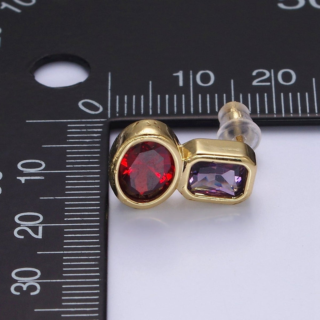 14K Gold plated Green, Red CZ Oval Geometric Purple Baguette Stud Earrings | Y-914 Y-915 - DLUXCA