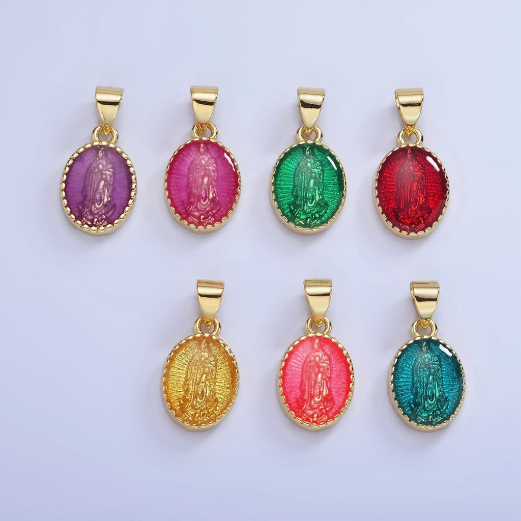 14K Gold plated Green, Red, Pink, Purple, Teal, Yellow, Fuchsia Miraculous Lady Mary Pendant | AA1239 - AA1242