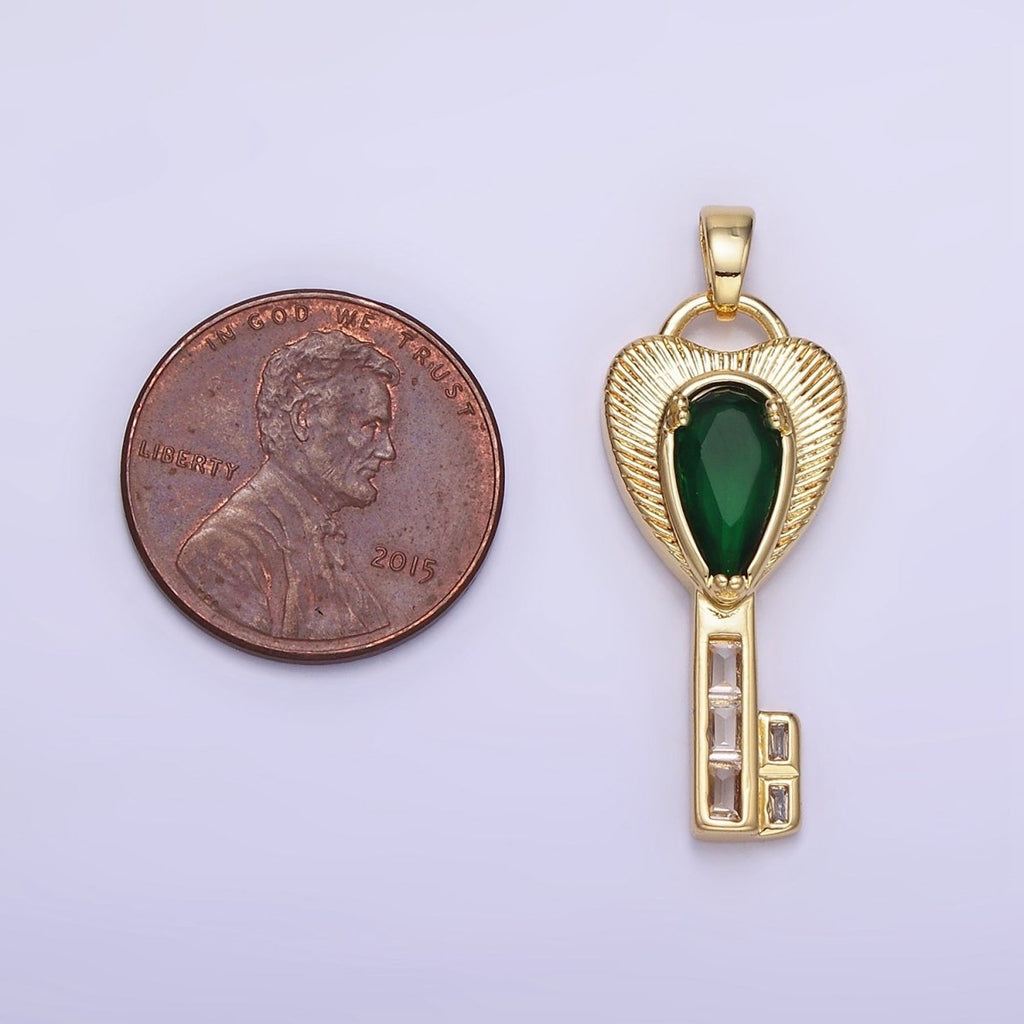 14K Gold plated Green Teardrop CZ Sunburst Heart Key Pendant | AH142 - DLUXCA