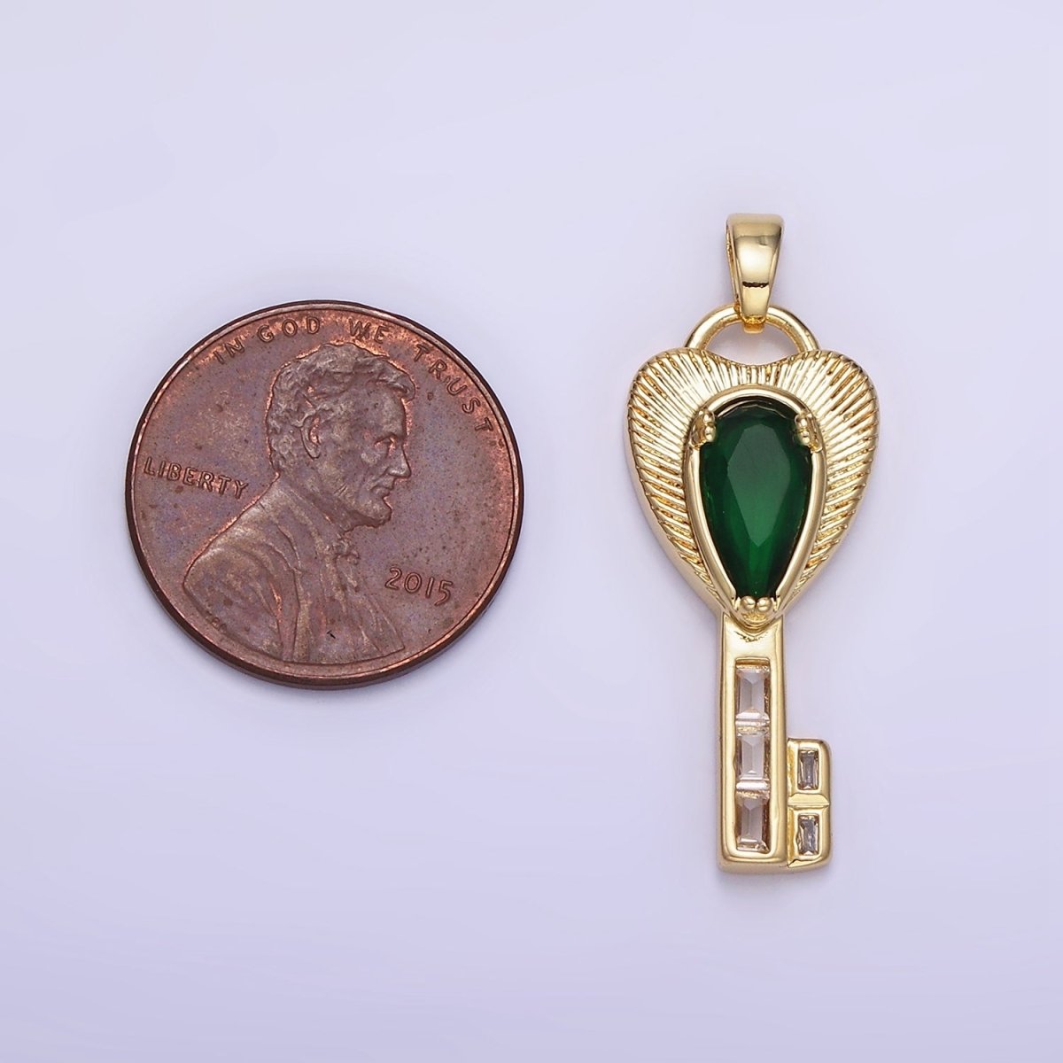 14K Gold plated Green Teardrop CZ Sunburst Heart Key Pendant | AH142 - DLUXCA