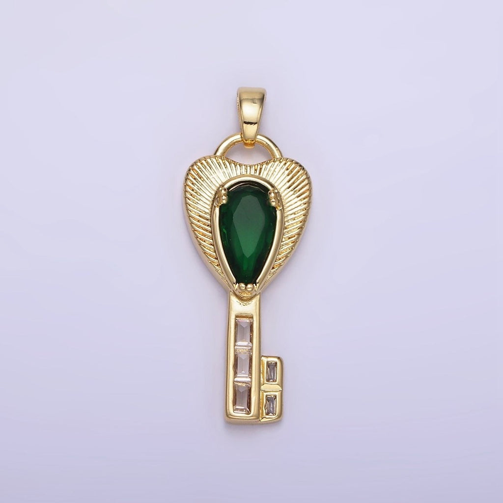 14K Gold plated Green Teardrop CZ Sunburst Heart Key Pendant | AH142 - DLUXCA