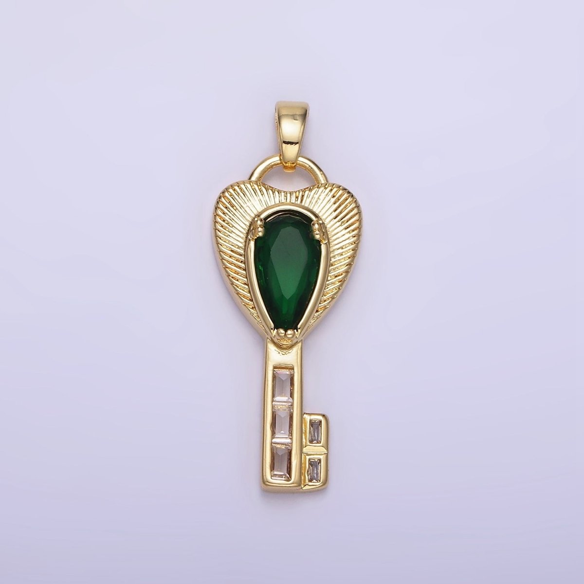 14K Gold plated Green Teardrop CZ Sunburst Heart Key Pendant | AH142 - DLUXCA