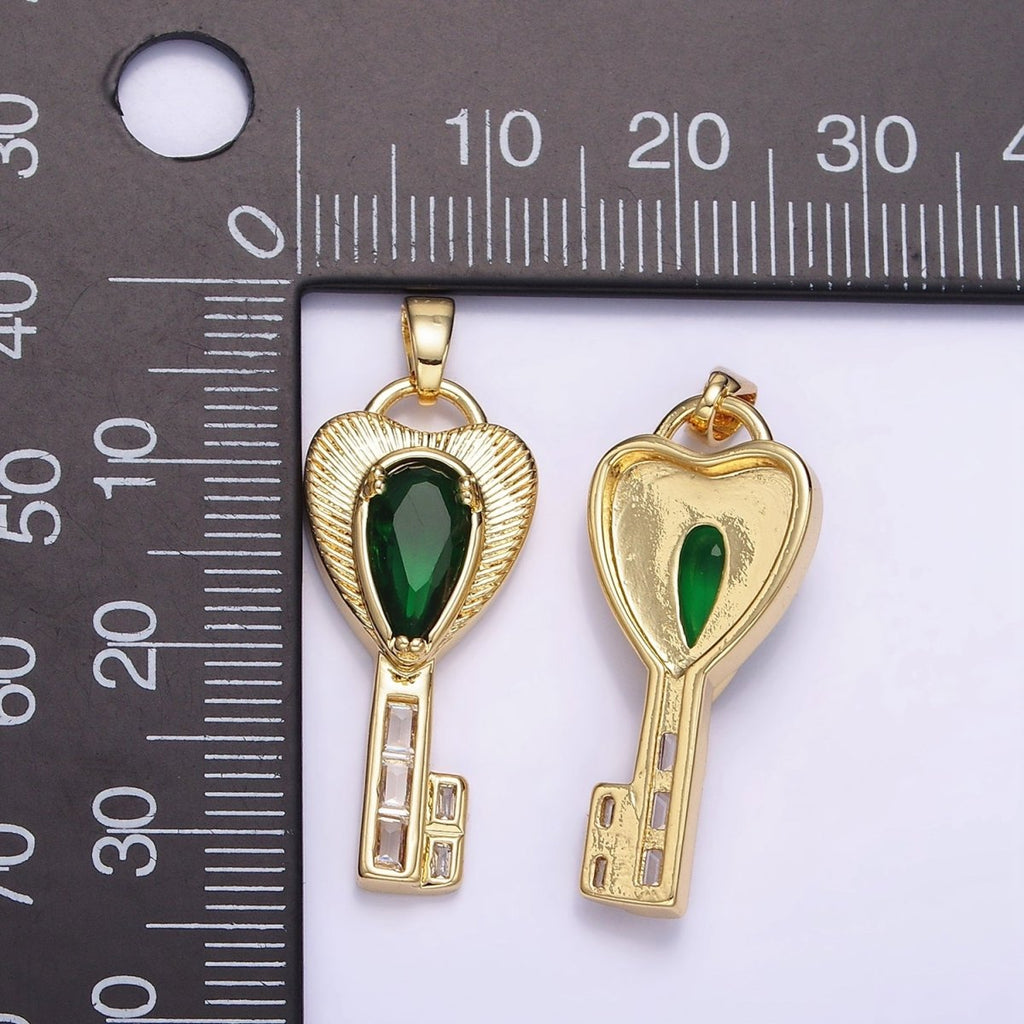 14K Gold plated Green Teardrop CZ Sunburst Heart Key Pendant | AH142 - DLUXCA