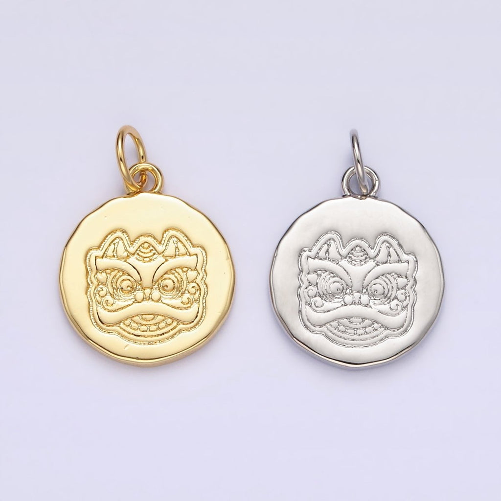 14K Gold plated Guardian Chinese Lion Engraved Round Charm in Gold & Silver | N1515 N1516
