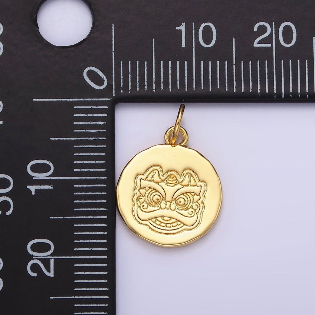 14K Gold plated Guardian Chinese Lion Engraved Round Charm in Gold & Silver | N1515 N1516