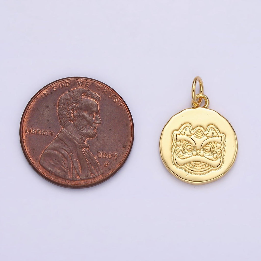 14K Gold plated Guardian Chinese Lion Engraved Round Charm in Gold & Silver | N1515 N1516
