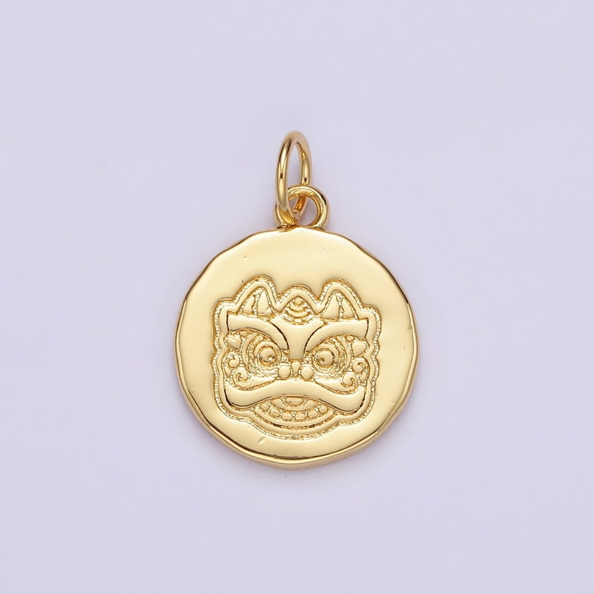 14K Gold plated Guardian Chinese Lion Engraved Round Charm in Gold & Silver | N1515 N1516