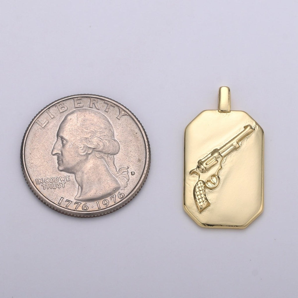 14K Gold plated Gun Charm- Rectangle Medallion Gun Pendant - Dainty Charm - for Necklace Bracelet Earring Component J-032 - DLUXCA