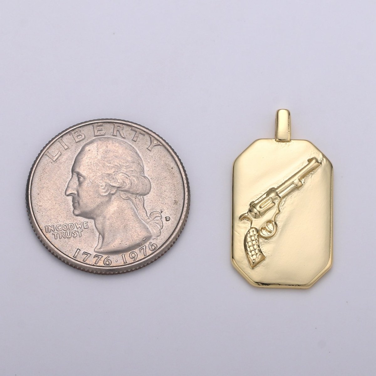 14K Gold plated Gun Charm- Rectangle Medallion Gun Pendant - Dainty Charm - for Necklace Bracelet Earring Component J-032 - DLUXCA