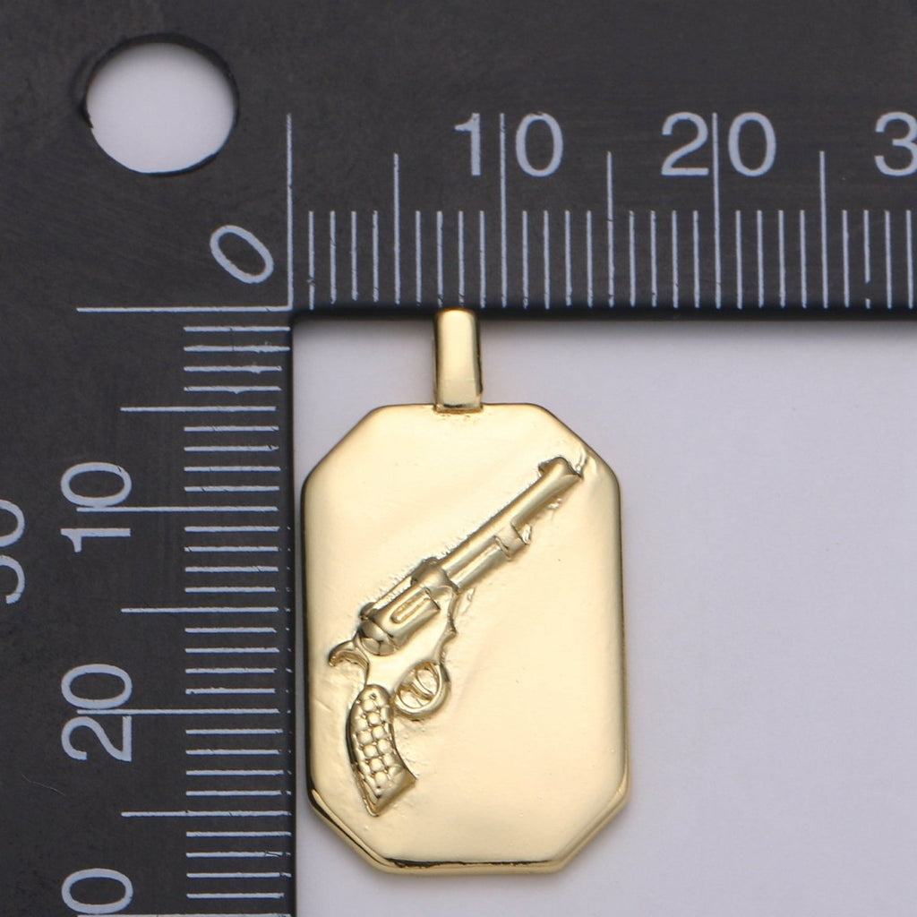 14K Gold plated Gun Charm- Rectangle Medallion Gun Pendant - Dainty Charm - for Necklace Bracelet Earring Component J-032 - DLUXCA