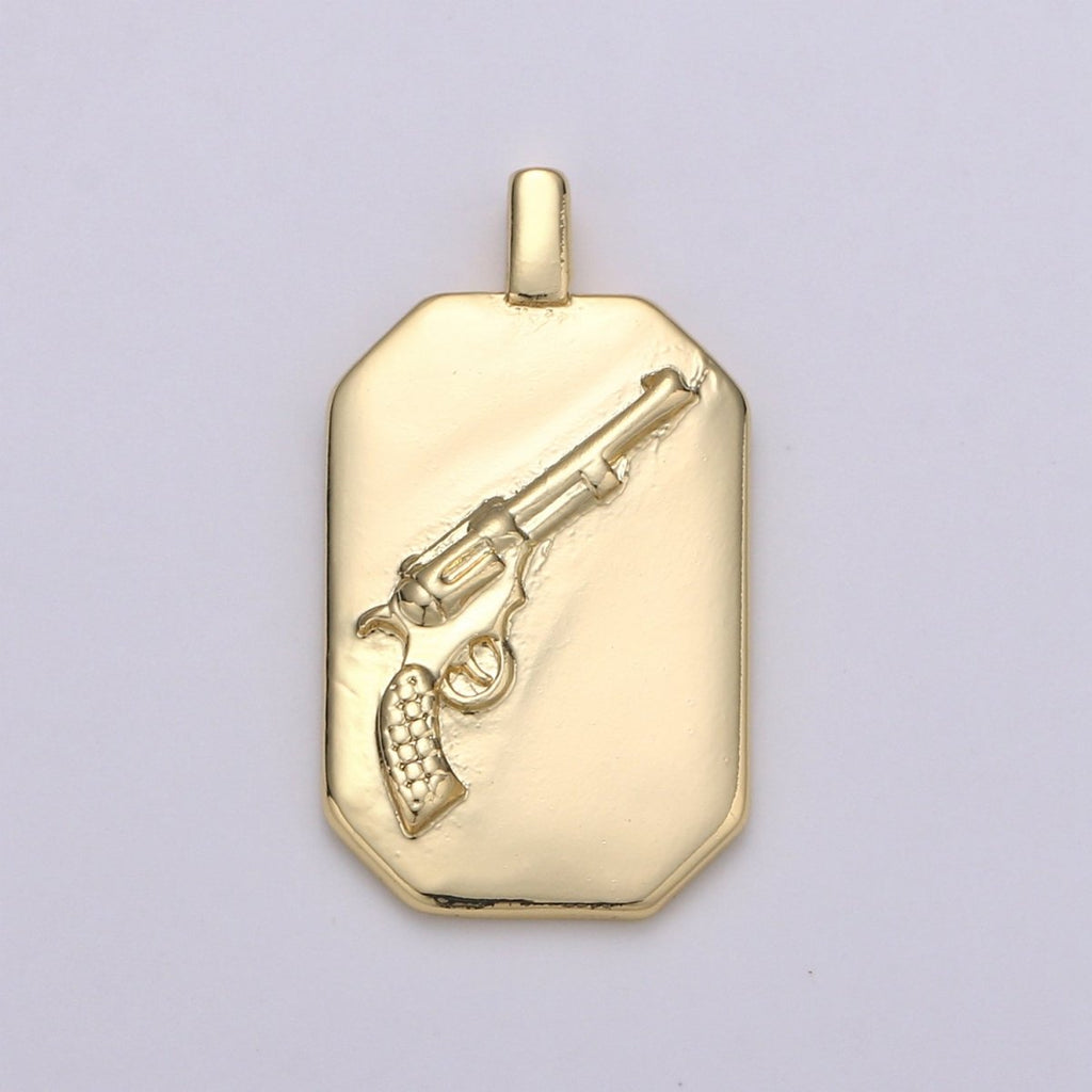 14K Gold plated Gun Charm- Rectangle Medallion Gun Pendant - Dainty Charm - for Necklace Bracelet Earring Component J-032 - DLUXCA
