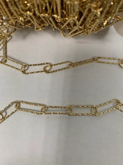 14K Gold plated Hammered Paperclip Chain by Yard, Oval Link Chain Wholesale bulk Roll Chain for Jewelry Making | ROLL-417 Clearance Pricing - DLUXCA