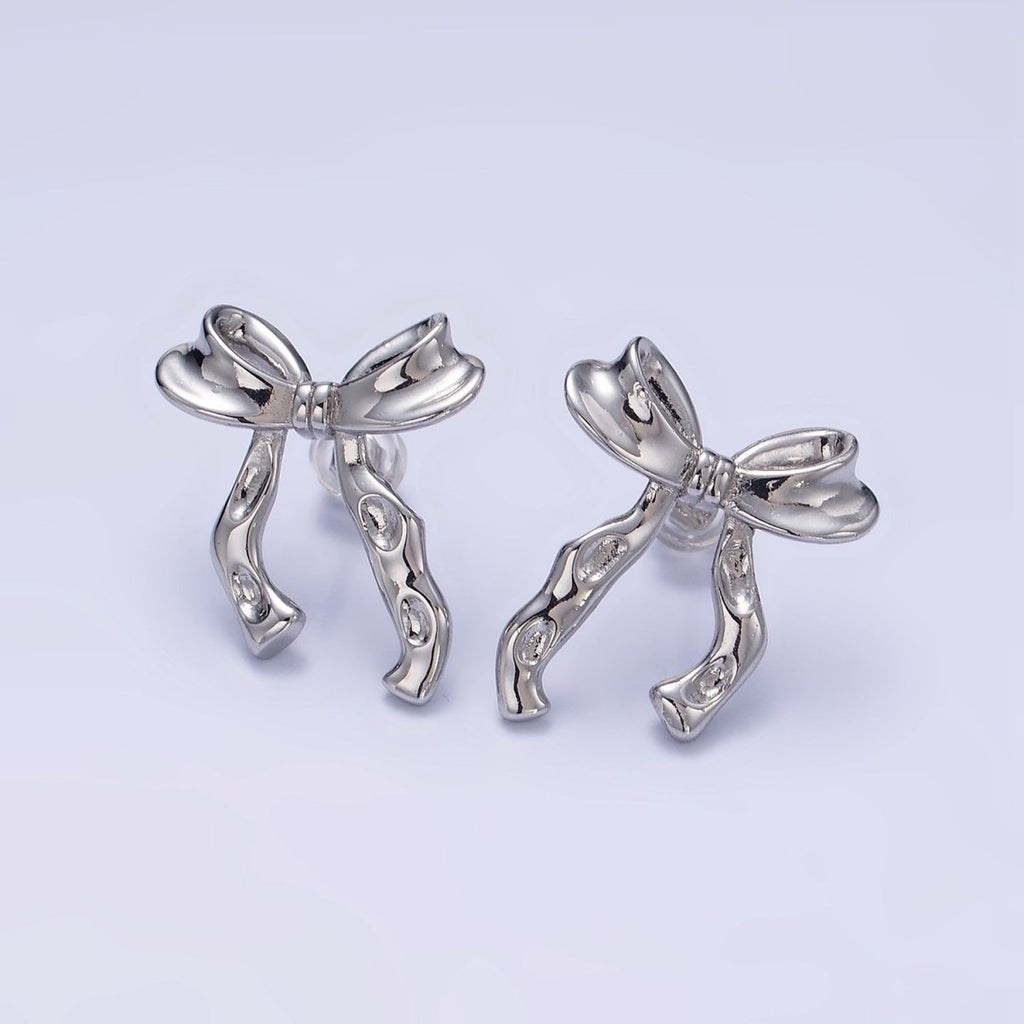 14K Gold plated Hammered Ribbon Stud Earrings in Gold & Silver | Q099 Q100