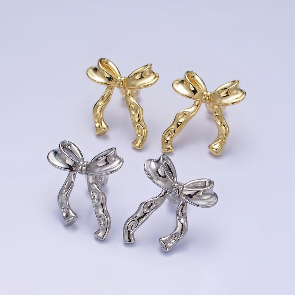 14K Gold plated Hammered Ribbon Stud Earrings in Gold & Silver | Q099 Q100