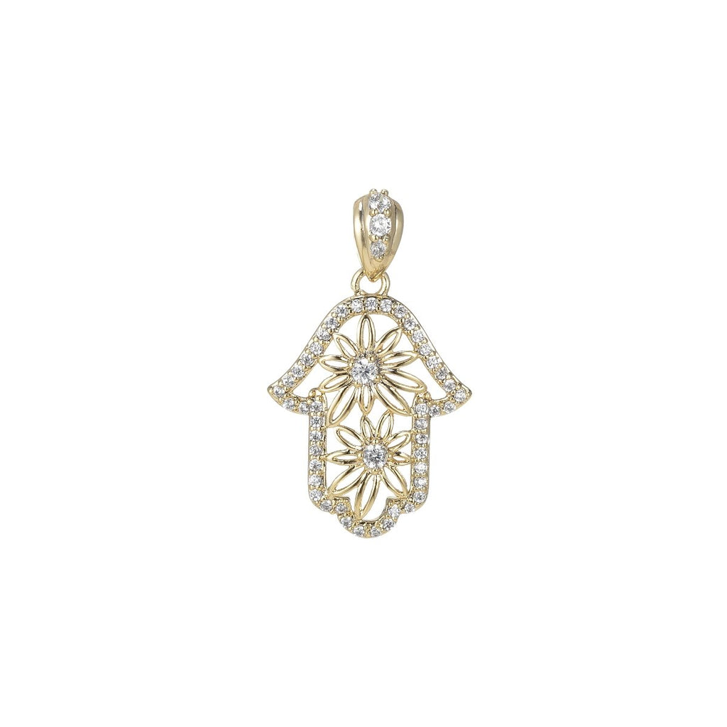 14k Gold plated Hamsa Hand Pendant- Flower Floral Cubic Hamsa Hand Charm I-114 - DLUXCA