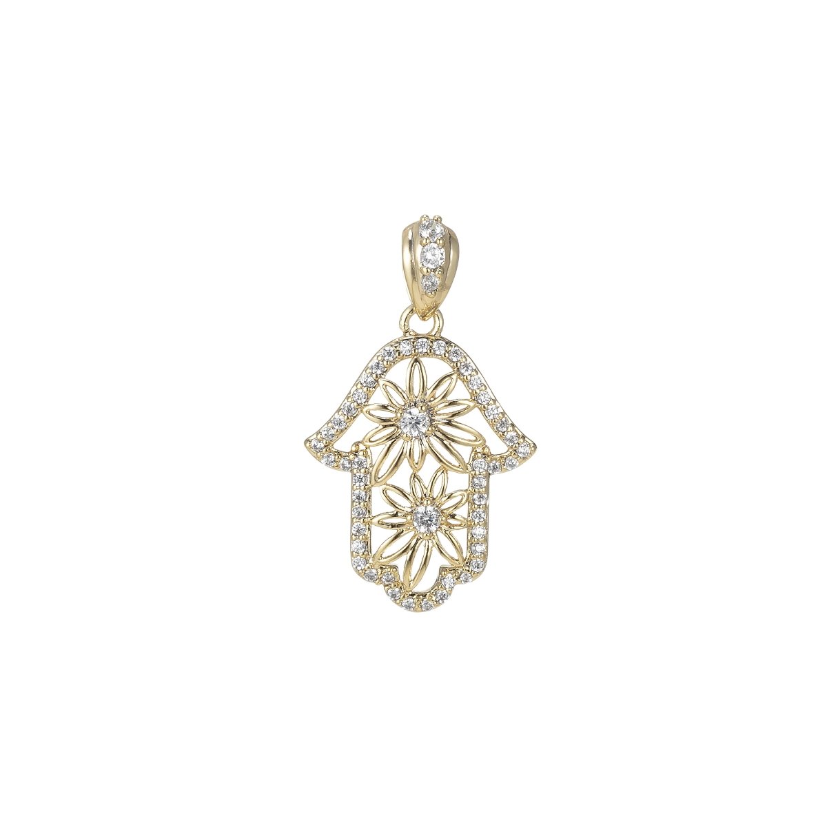 14k Gold plated Hamsa Hand Pendant- Flower Floral Cubic Hamsa Hand Charm I-114 - DLUXCA