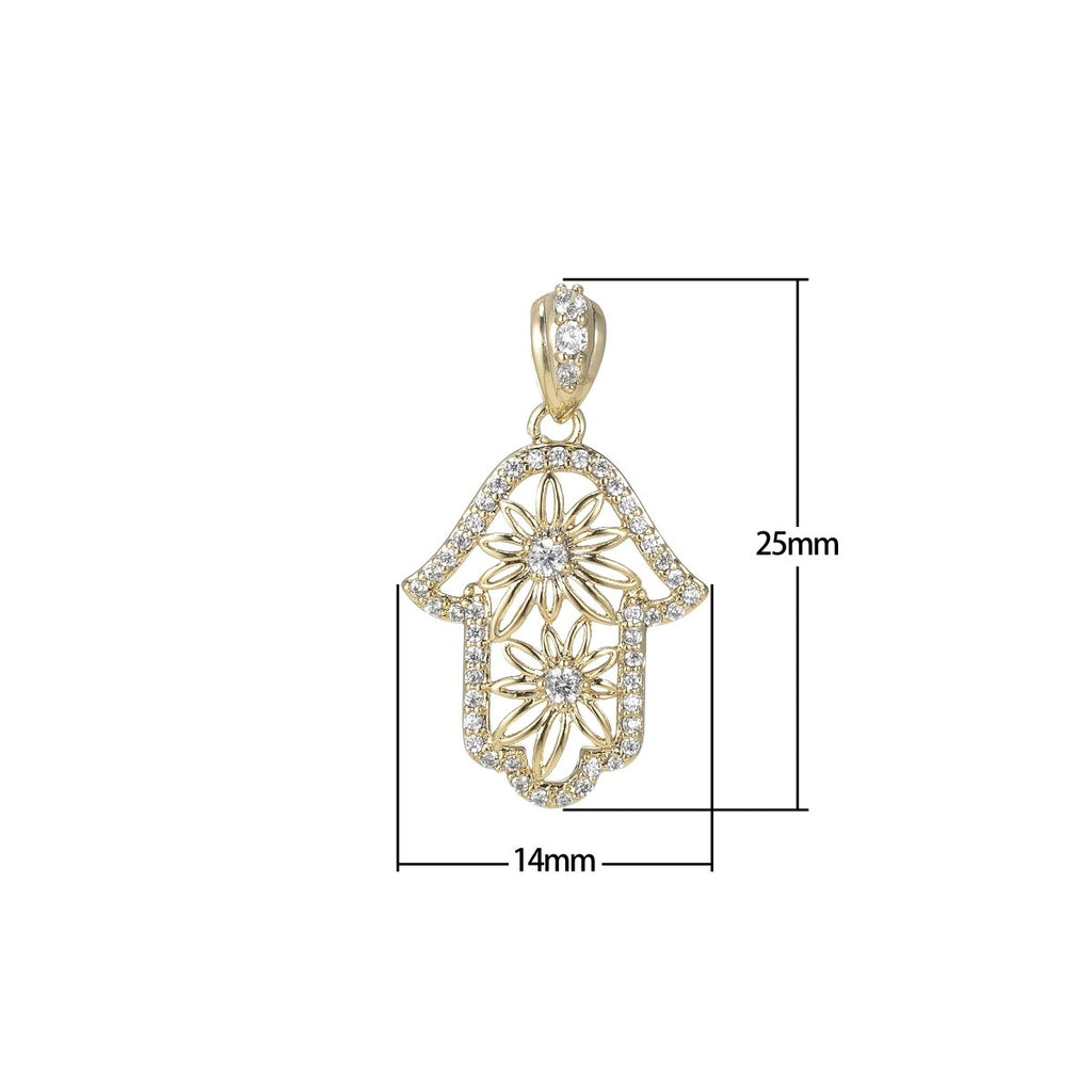 14k Gold plated Hamsa Hand Pendant- Flower Floral Cubic Hamsa Hand Charm I-114 - DLUXCA