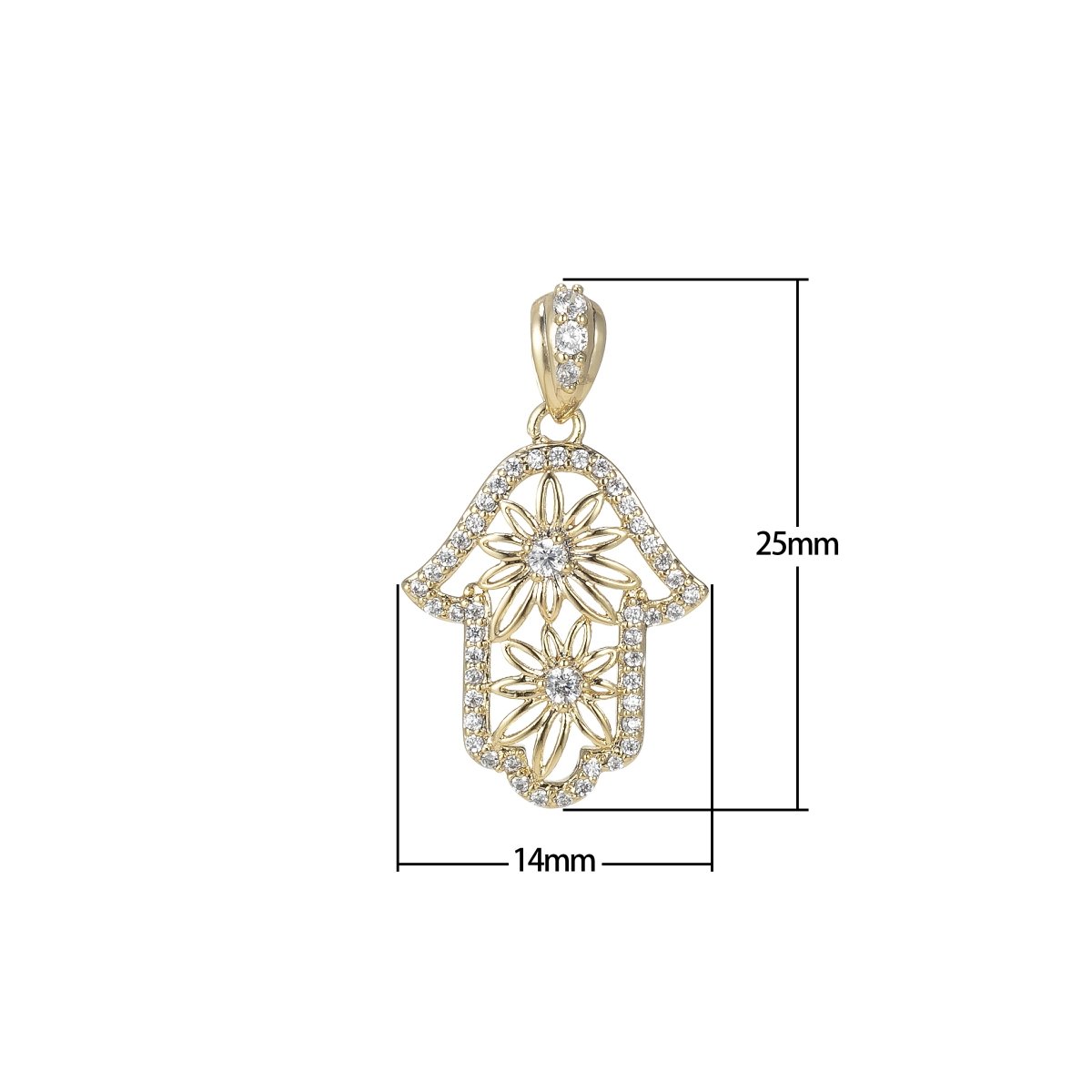 14k Gold plated Hamsa Hand Pendant- Flower Floral Cubic Hamsa Hand Charm I-114 - DLUXCA