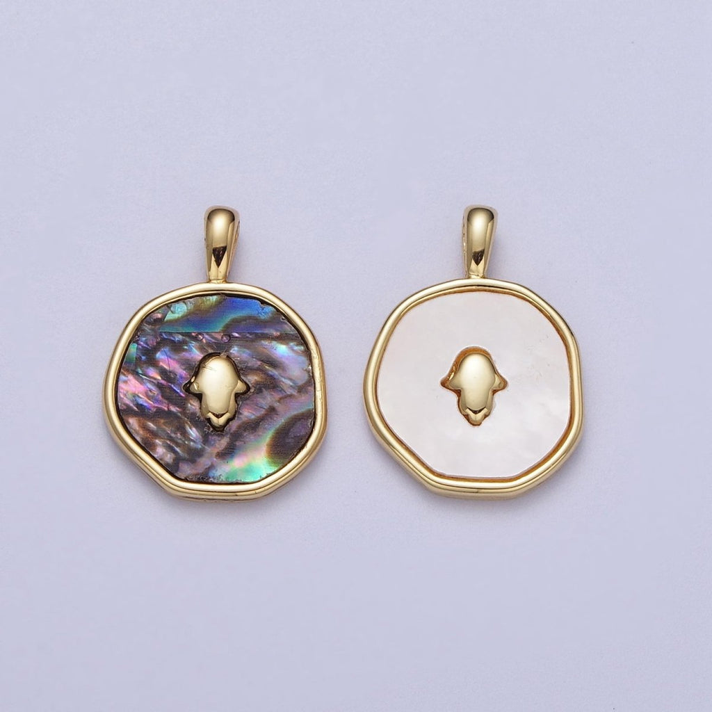 14K Gold plated Hamsa Hand Shell Pearl, Abalone Round Pendant  I-294 I-316
