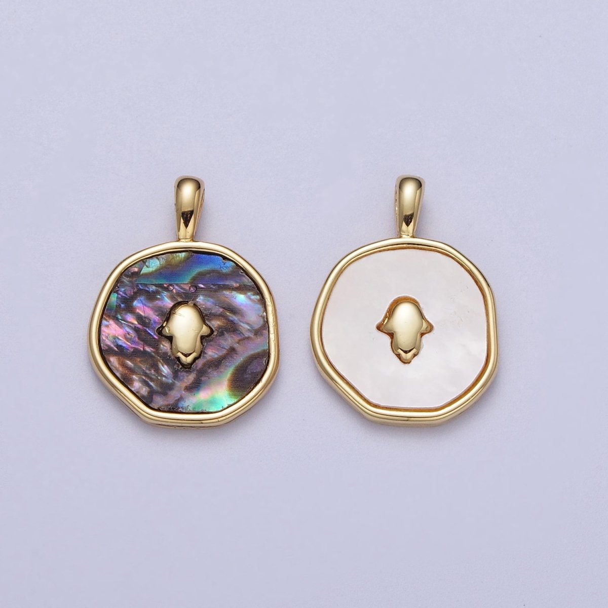 14K Gold plated Hamsa Hand Shell Pearl, Abalone Round Pendant  I-294 I-316
