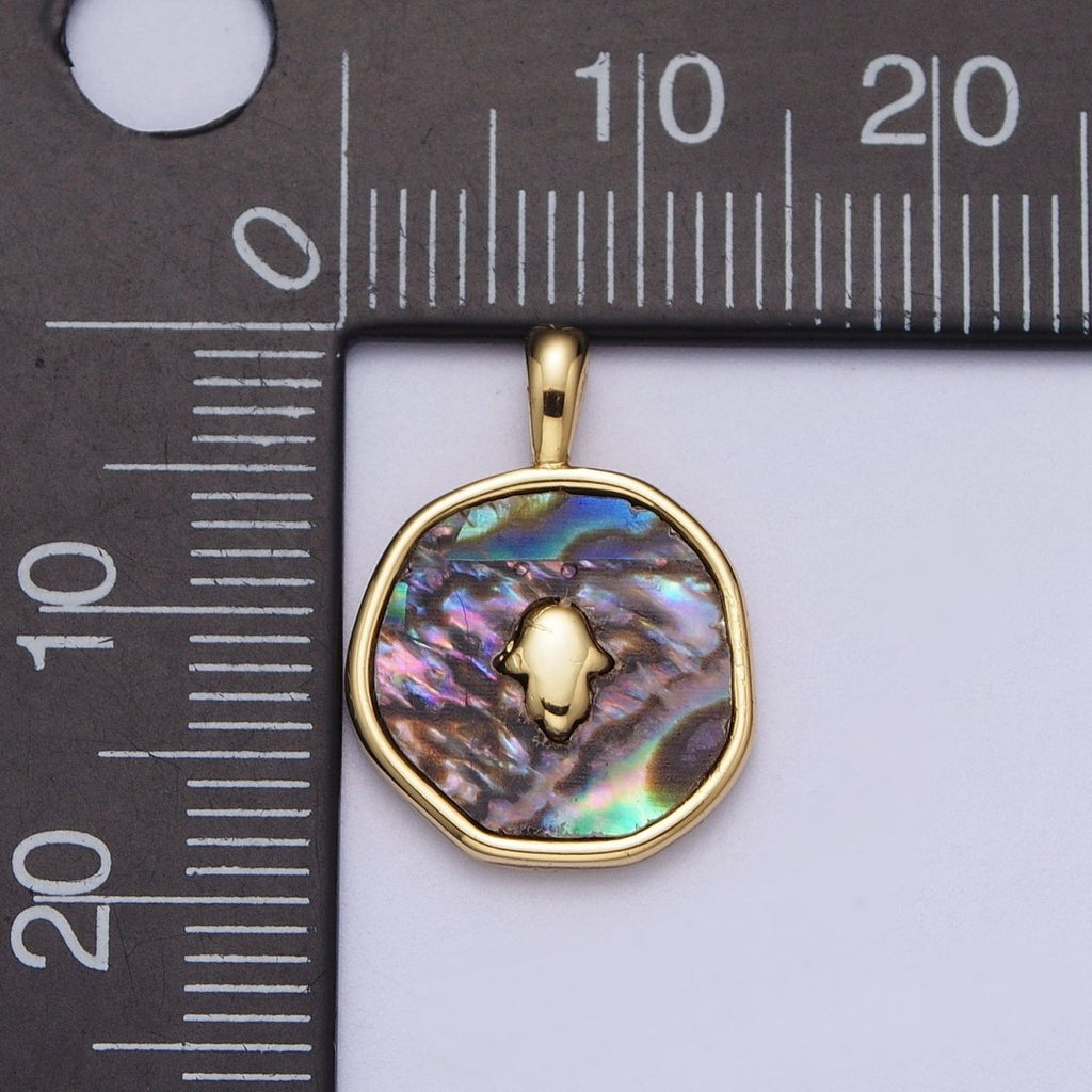 14K Gold plated Hamsa Hand Shell Pearl, Abalone Round Pendant  I-294 I-316