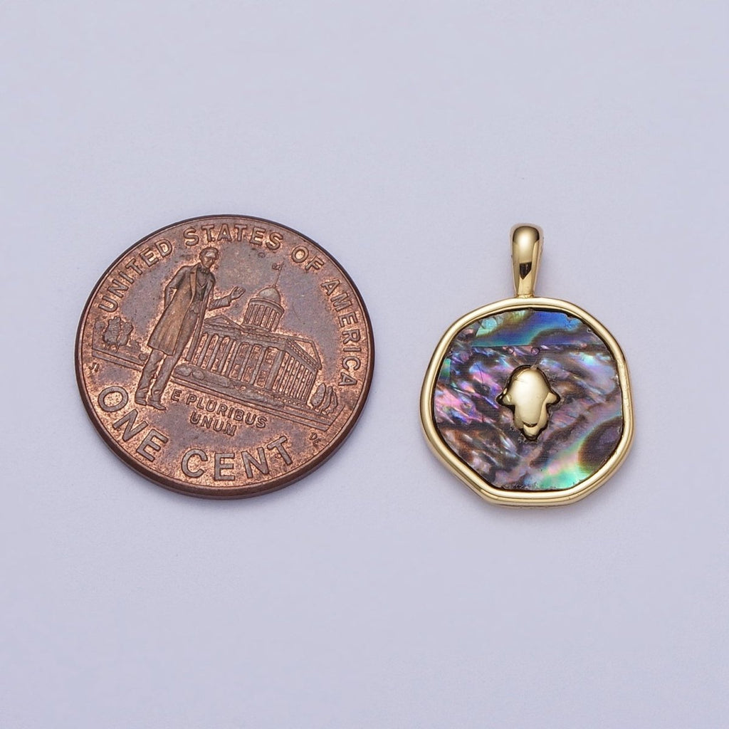 14K Gold plated Hamsa Hand Shell Pearl, Abalone Round Pendant  I-294 I-316