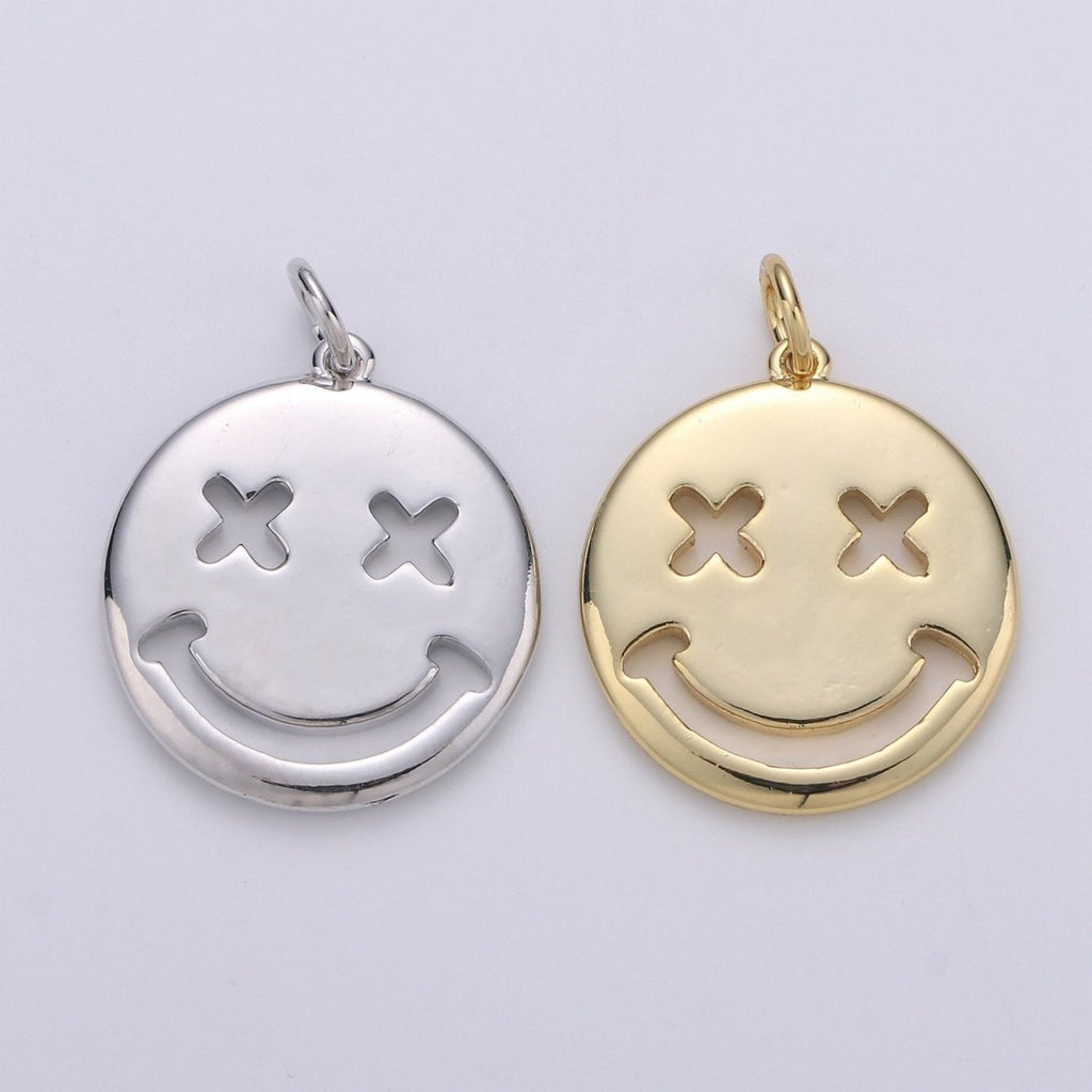 14K Gold plated Happy Face Charm, emoji charm 24x18mm Gold Smile Charm Pendant Silver Smiley face charms Necklace Earring Bracelet Supply D-126 D-127 - DLUXCA