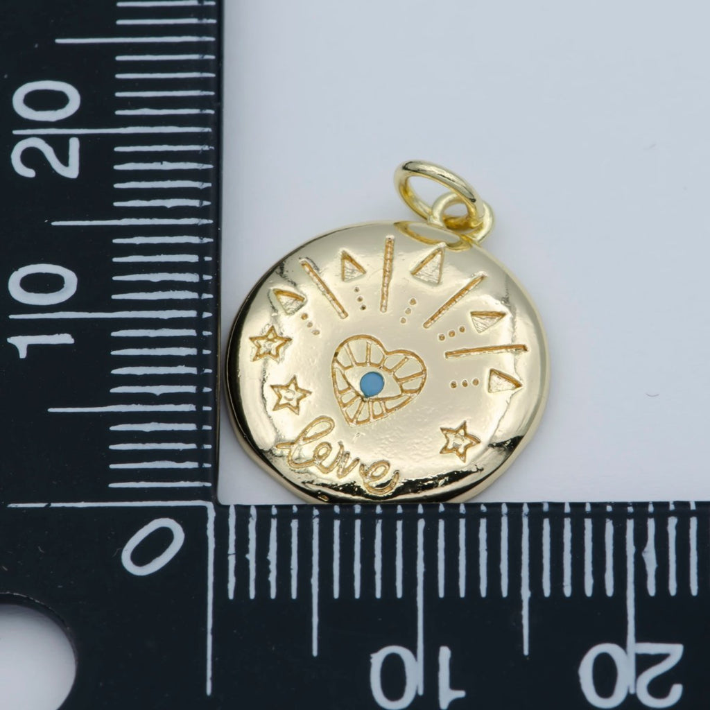 14k Gold plated Heart Charm - Love Amulet medallion - Coin Disc charm - Blue Evil Eye pendant for Necklace Bracelet Earring Charm M-358 - DLUXCA