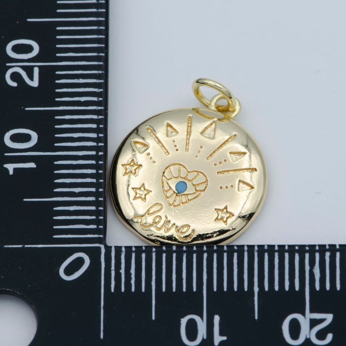 14k Gold plated Heart Charm - Love Amulet medallion - Coin Disc charm - Blue Evil Eye pendant for Necklace Bracelet Earring Charm M-358 - DLUXCA