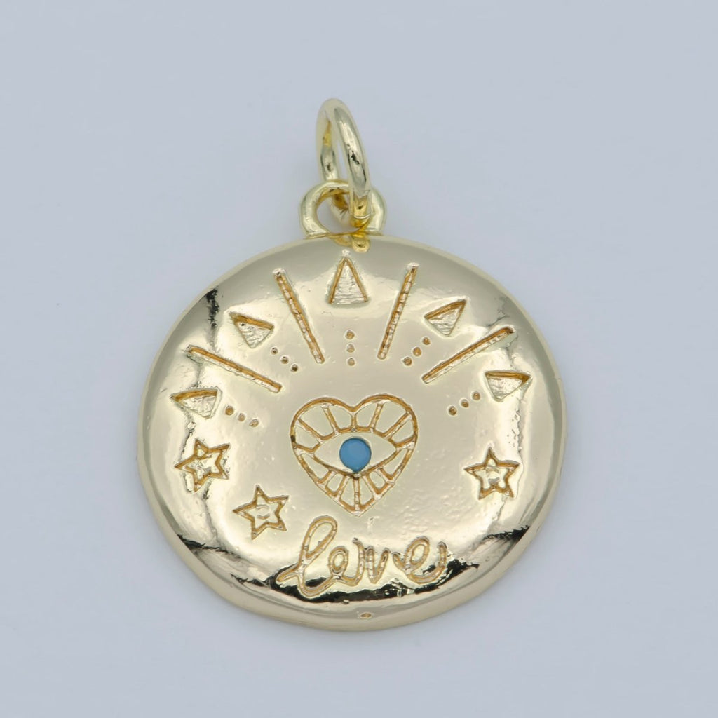14k Gold plated Heart Charm - Love Amulet medallion - Coin Disc charm - Blue Evil Eye pendant for Necklace Bracelet Earring Charm M-358 - DLUXCA