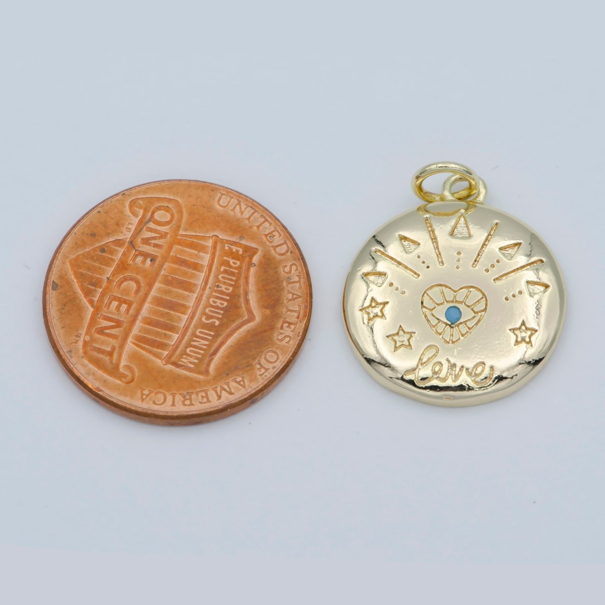 14k Gold plated Heart Charm - Love Amulet medallion - Coin Disc charm - Blue Evil Eye pendant for Necklace Bracelet Earring Charm M-358 - DLUXCA