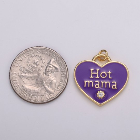 14K Gold plated Heart Charm Multi Color Enamel Cz Charm Hot Mama Pendant For Jewelry Supply Wholesale Gift idea for Mother Day Gift E-167 - E-173