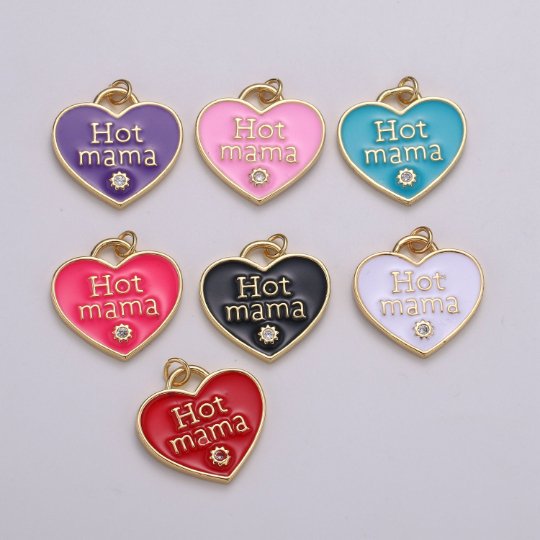 14K Gold plated Heart Charm Multi Color Enamel Cz Charm Hot Mama Pendant For Jewelry Supply Wholesale Gift idea for Mother Day Gift E-167 - E-173