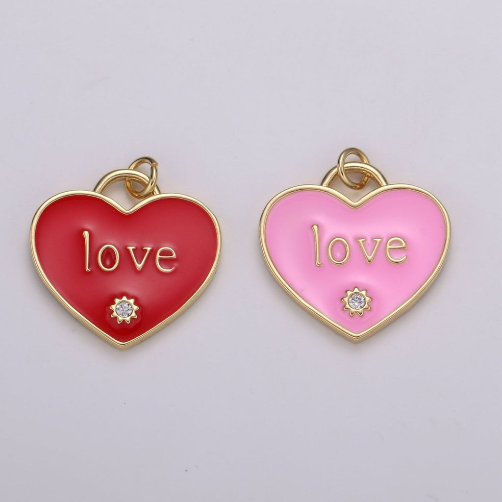 14K Gold plated "LOVE" Script CZ Pink, Red Enamel Heart Charm | C119 C120