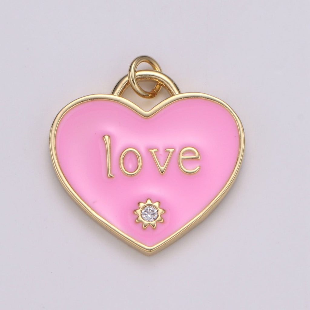 14K Gold plated "LOVE" Script CZ Pink, Red Enamel Heart Charm | C119 C120