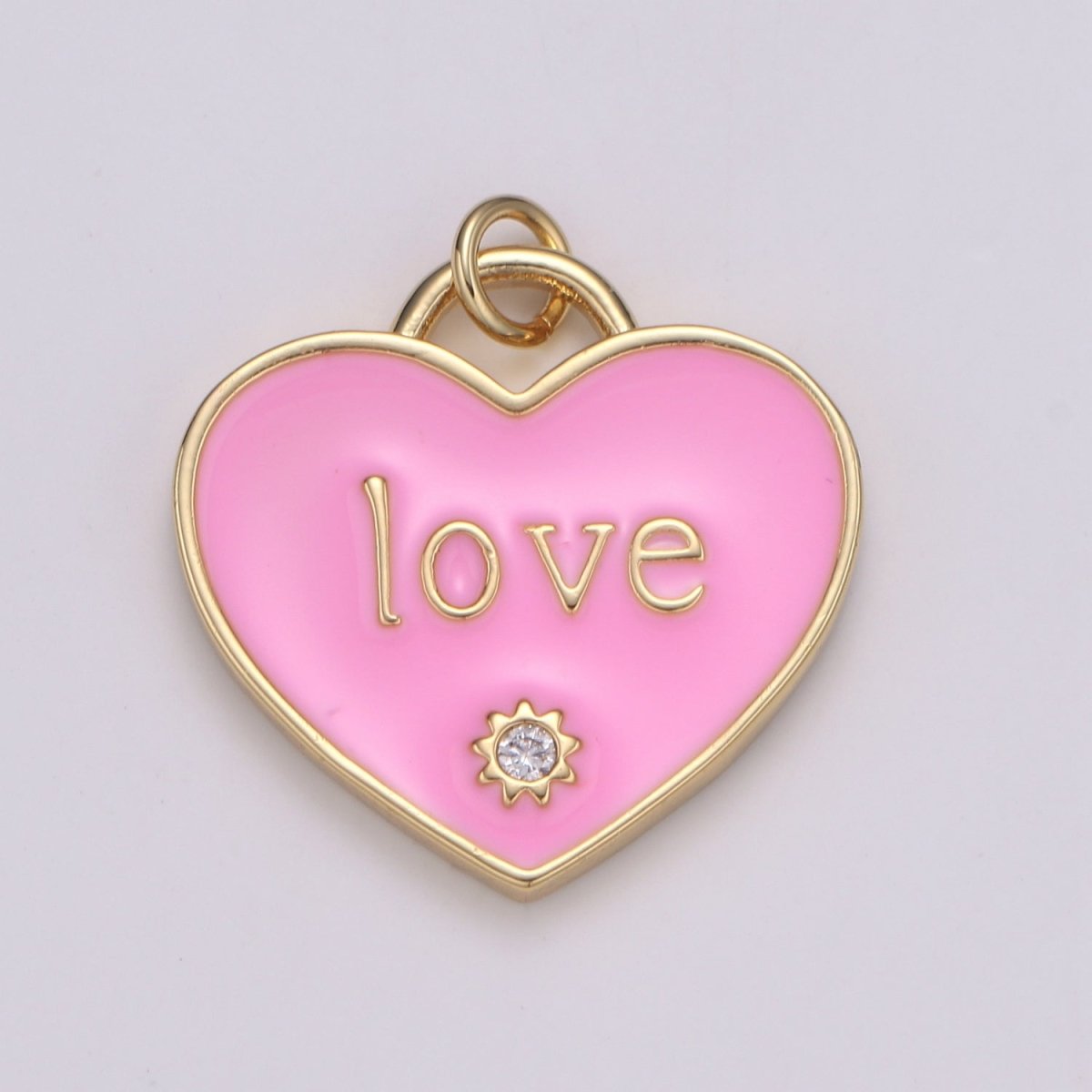 14K Gold plated "LOVE" Script CZ Pink, Red Enamel Heart Charm | C119 C120