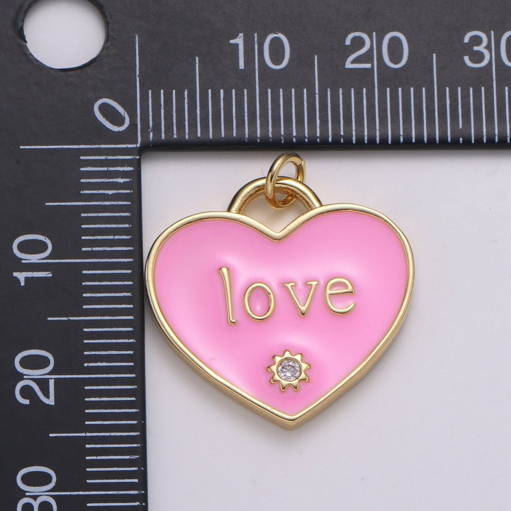 14K Gold plated "LOVE" Script CZ Pink, Red Enamel Heart Charm | C119 C120