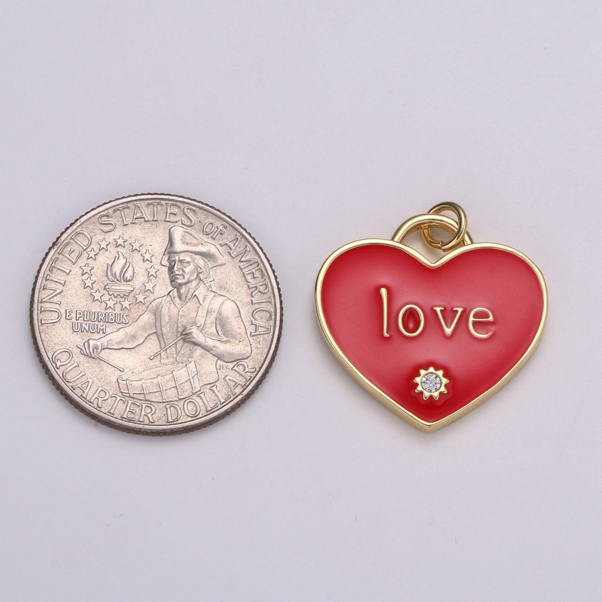 14K Gold plated "LOVE" Script CZ Pink, Red Enamel Heart Charm | C119 C120