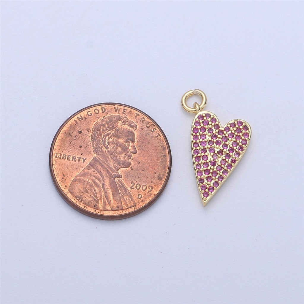 14k Gold plated Heart Charm,CZ Micro Pave Heart Pendant, Pink Cubic Heart Charm for Necklace Earring Bracelet Component I-567 - DLUXCA